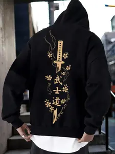 Men's Samurai & Floral & Graphic Print Hoodie, Casual Loose Fit Long Sleeve Sweatshirt, Spring Fall Fashion Pocket Design, Daily Wear Top