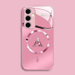 Suitable for [Galaxy S24 Fe] high-end MagSafe phone case，Luxury Pink Metallic Magnetic Case Cute Bling Rhinestone Initial Letter  Aesthetic Shockproof Wireless Charging Cover 952