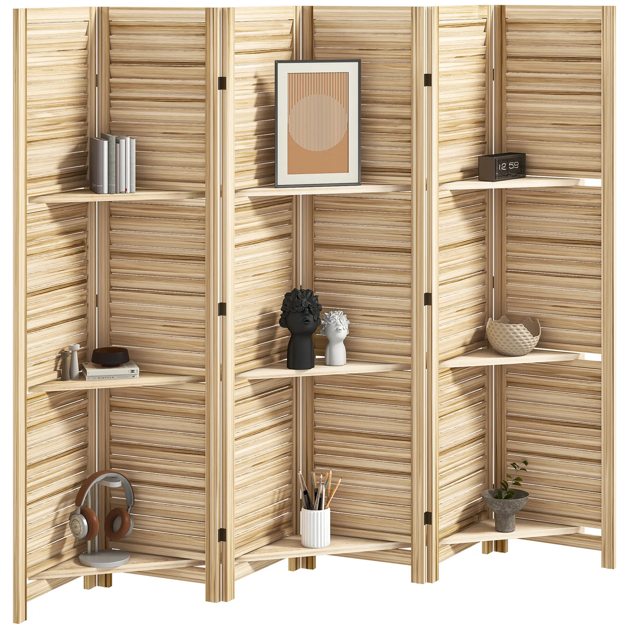 6-Panel 67" Tall Louvered Slats Room Divider - Modern & Privacy Dividers with 3 Shelves, 15 Steel Hinges, Folds Flat for Home Office Storage Behind Sofa or In Closet, Enhances Airflow, Modern Room Dividers, Privacy Room Dividers