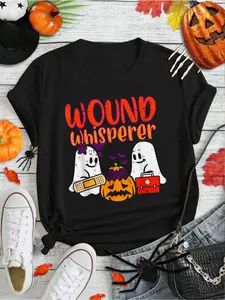 100% Cotton Ghost Nurse Wound Whisperer Halloween Nurse Fall Scrub Women T-Shirt Print Round Neck Short Sleeve Streetwear Fashion Breathable Homme Soft Unisex Designer Clothes For Women Casual Clothes