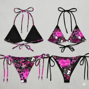My Chemical Romance Inspired String Bikini Set – Hot Pink & Black | Skull Grunge All-Over Print | 2 Style Options | Halter Tie Top & Side-Tie Bottom | Y2K Emo Alt Punk Swimwear | Women's Festival Beach Outfit & Gift