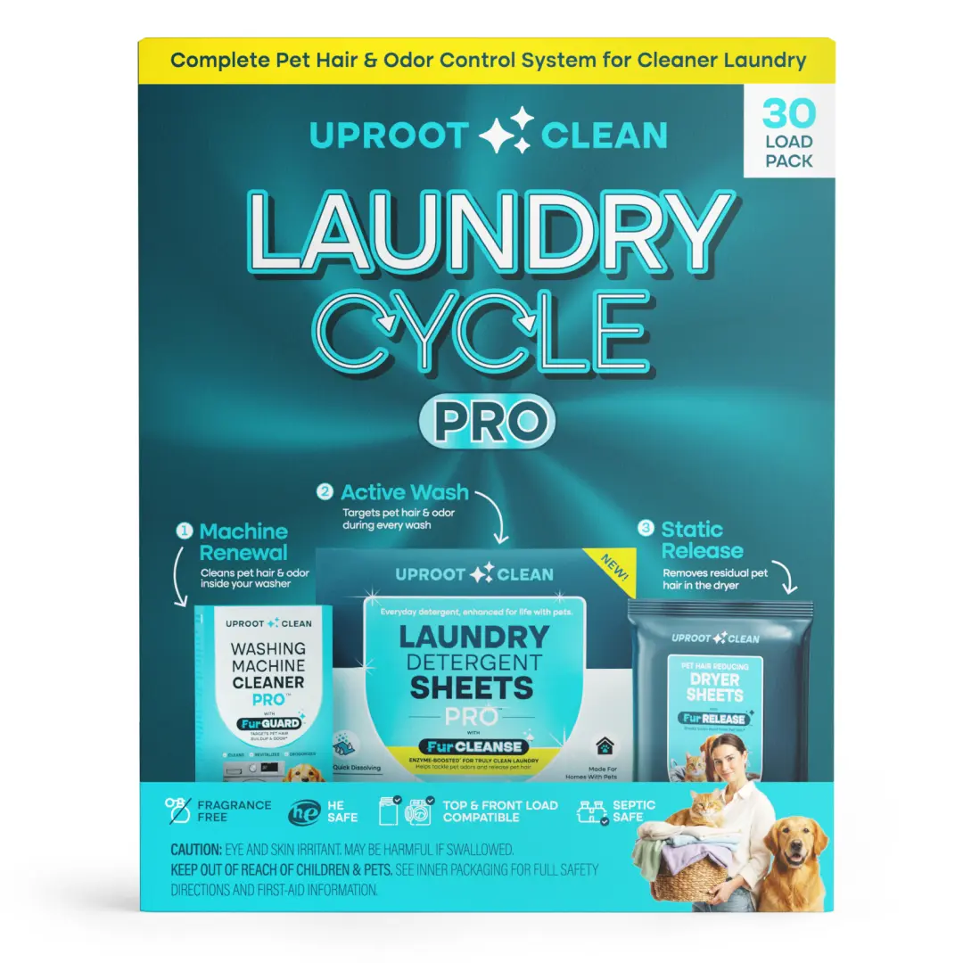 Uproot Clean Laundry Cycle Pro - Pet Laundry Detergent Sheets, Washer Cleaner Tablets & Dryer Sheets Bundle - FurCLEANSE Enzyme Blend for Pet Odor & Hair Release - 60 Loads, 1 Month Washer Care, 30 Dryer Sheets - Pet-Safe & Septic-Safe