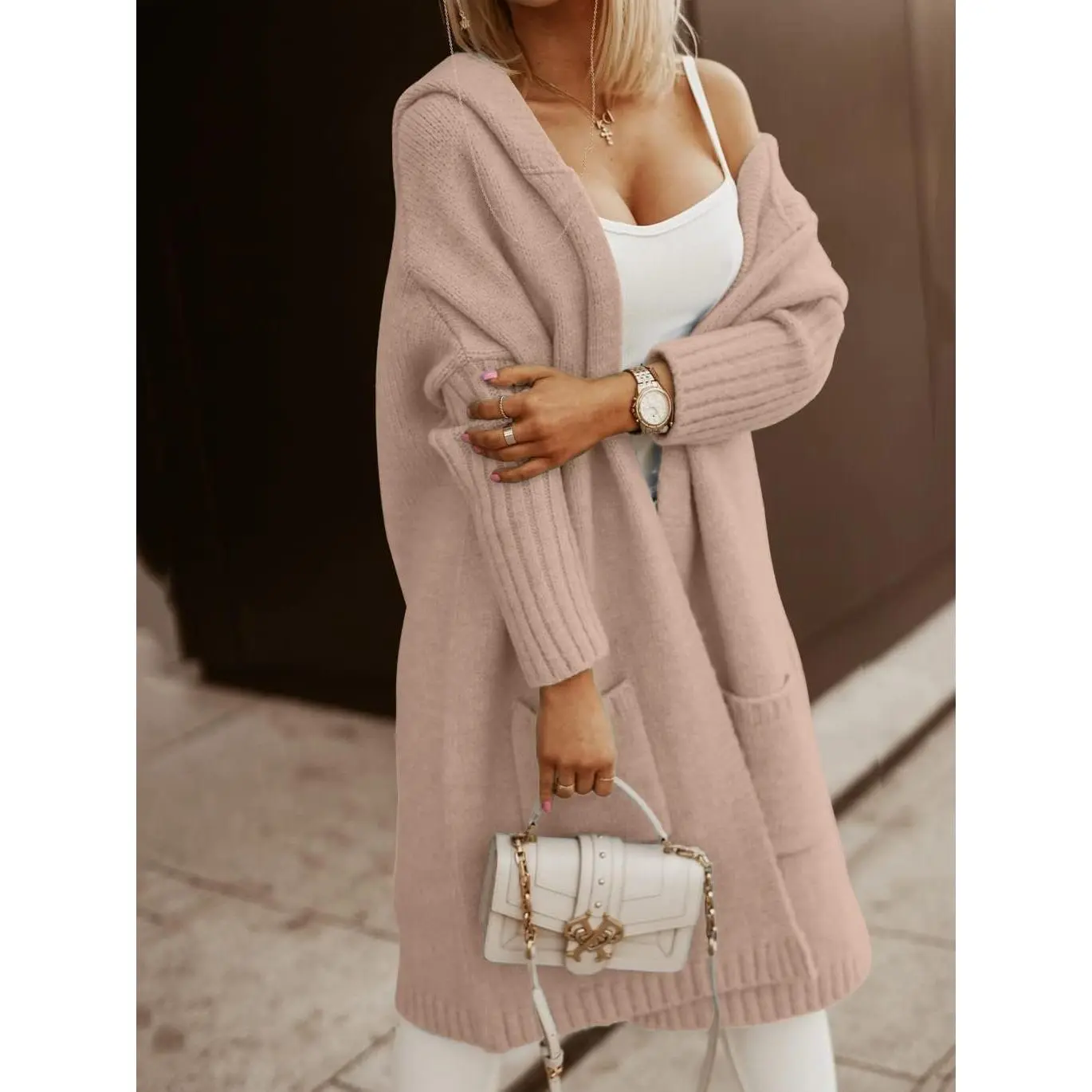 Women Long Cardigans Cable Knitted Open Front Oversized Hooded Outerwear Sweater Coat for Daily 2026 Soft Warm Breathable Lightweight Comfy Weekend Vacation Streetwear
