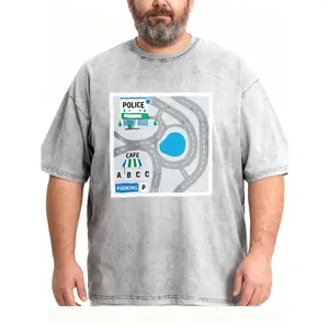 Men's Plus Size City Parking Game Map Print Washed T-Shirt, Casual Novelty Tee