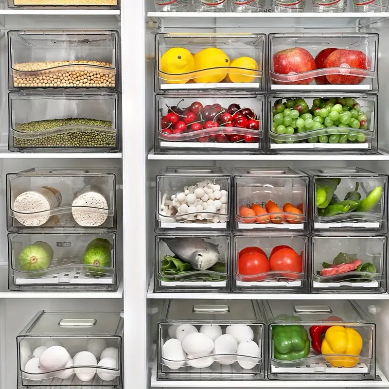 Clear Stackable Refrigerator Organizer Drawer, PET Storage Bin with Ventilated Compartments for Fresh Fruits & Vegetables - Easy-Clean Kitchen Pantry and Freezer Solution, Fridge Organization