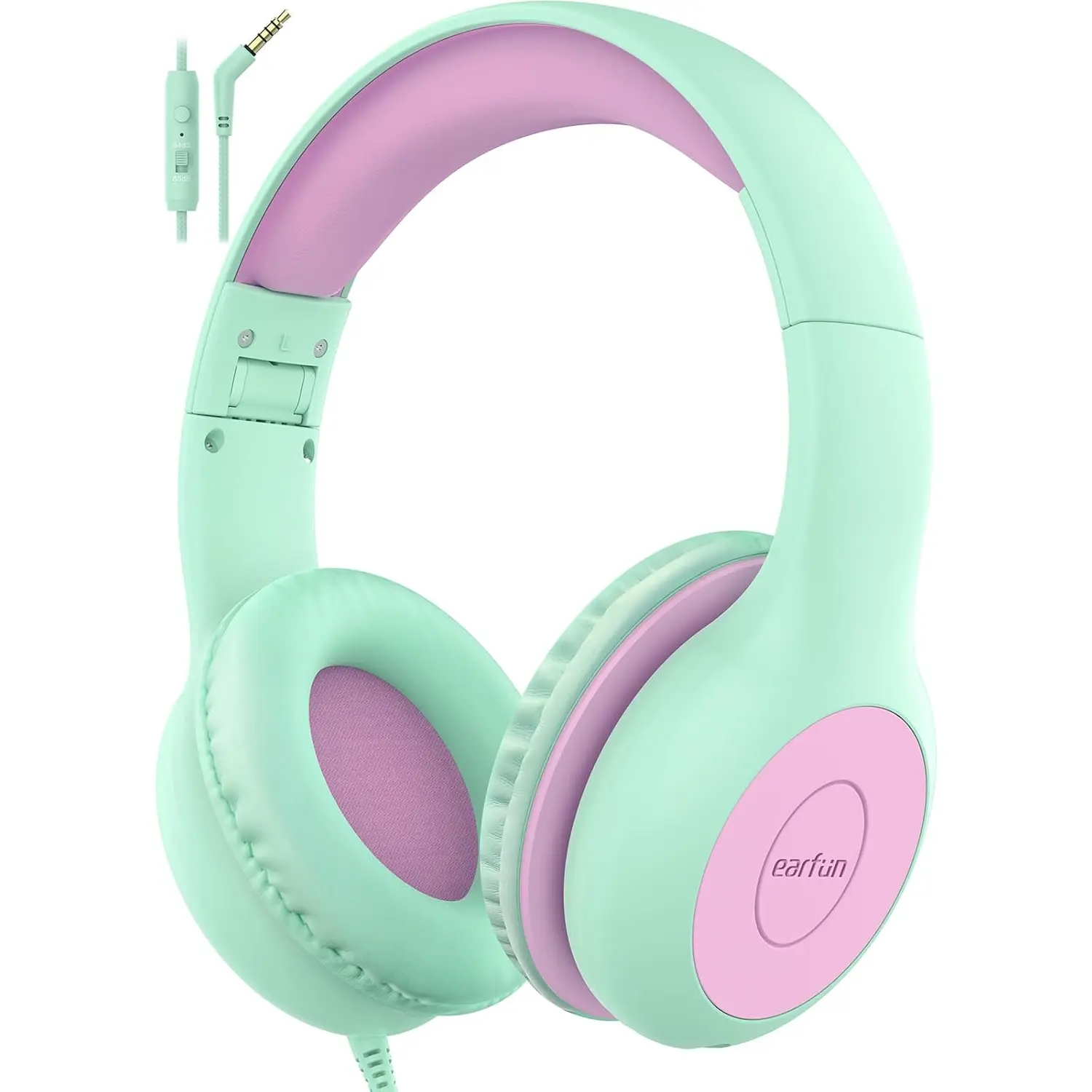 Earfun K1 Kids Headphones Wired with Mic, Volume Limit Headphones for Kids | Portable Wired Headphone with Shareport, Stereo Sound, Foldable Headset for School/Toddler/Tablet/Ipad/Kindle, Green Violet EarFun
