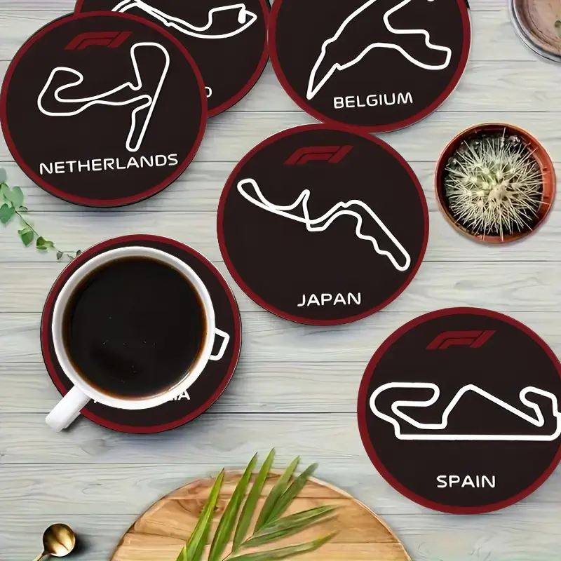 6pcs Racing Track Wooden Coasters Set, Coffee, Coasters for Drinks, Tableware, Durable and Stylish Home Decor, Ideal Gift for Car Enthusiasts, Birthday Present for Boyfriend, Round