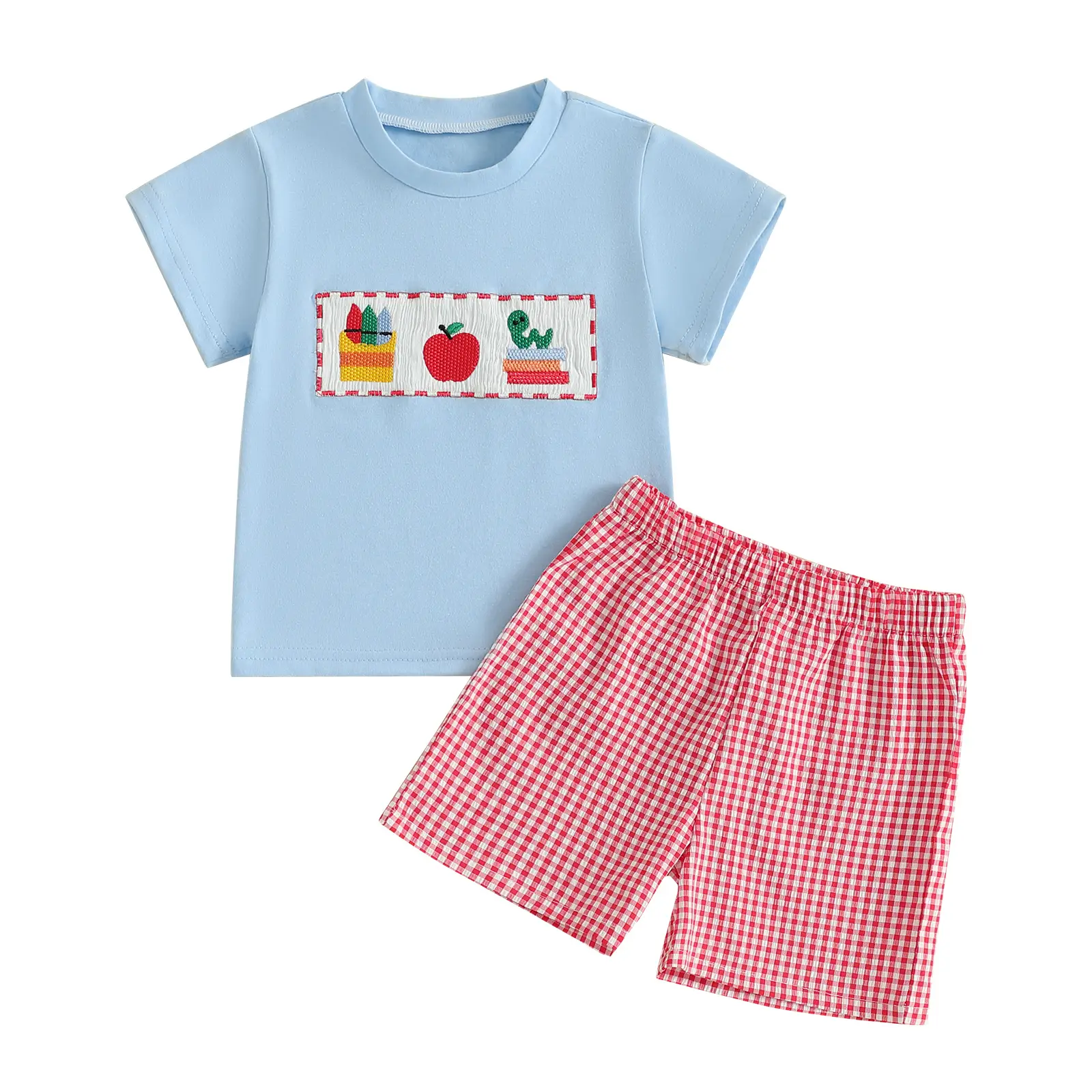 Toddler Boy Back to School Summer Outfits Apple Embroidery Short Sleeve Round Neck T-Shirts with Plaid Shorts
