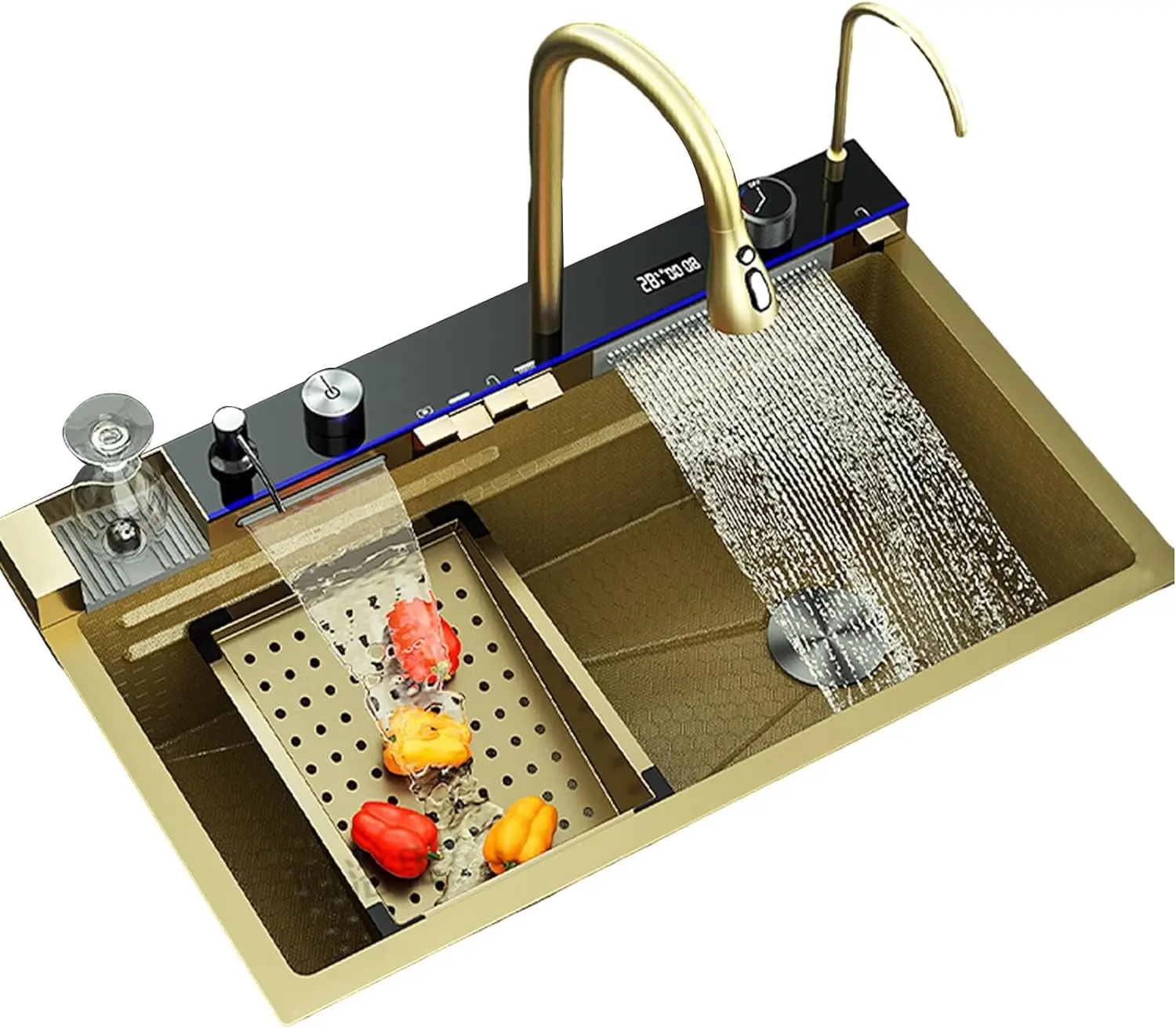 Bronstarz 31.5*18 INCH Digital Display Embossed Stainless Steel Brass Gold Raindance Waterfall Sink with Pressurized Cup Washer and Two Waterfalls 29.5x18 INCH