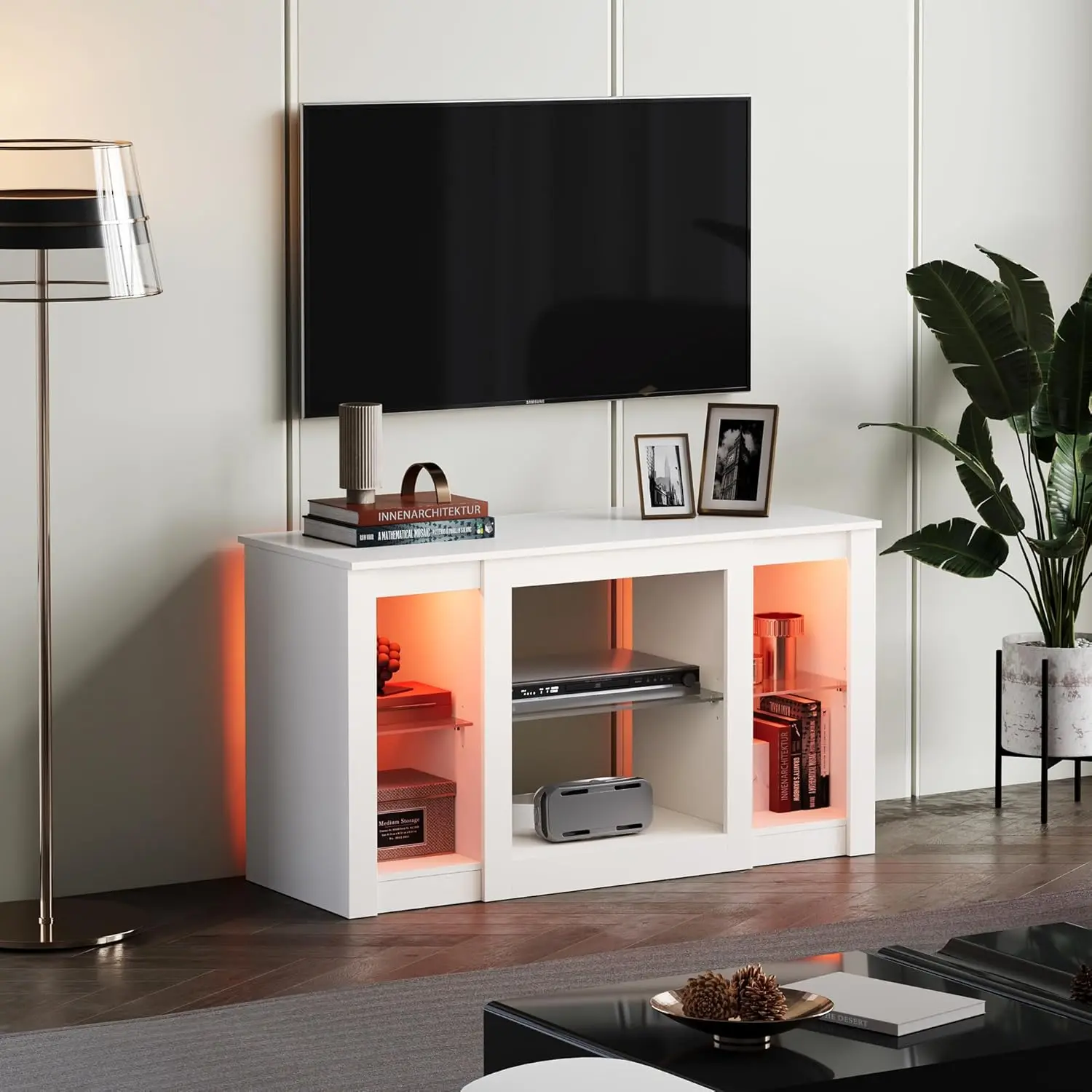 WLIVE Small TV Stand for 43/40/32 Inch TVs, Modern Entertainment Center with RGB LED Lights & Adjustable Glass Shelves, Compact Media Console Table for Bedroom, Living Room, White