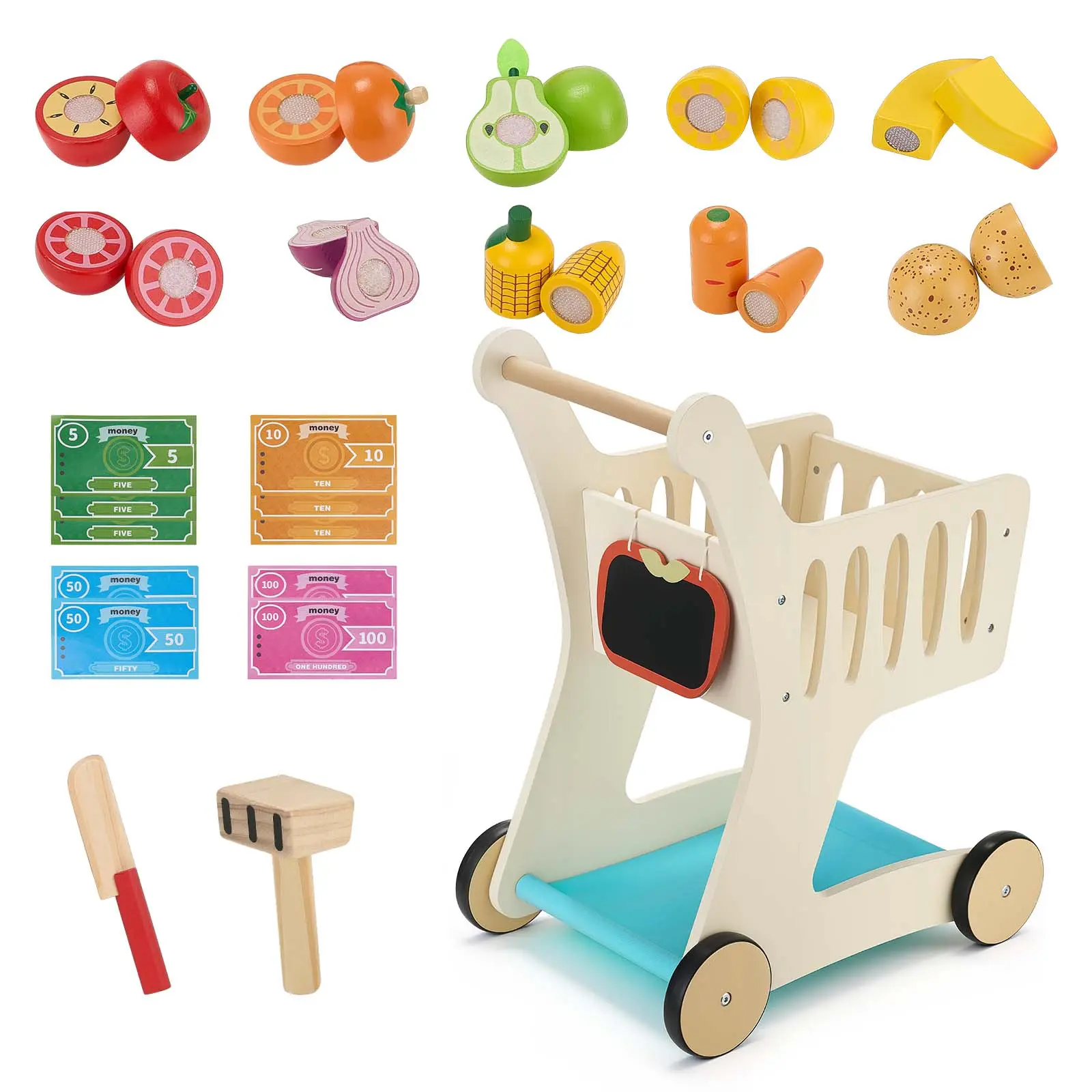 【SummerFinds】VEVOR Shopping Cart for Kids, Wooden, Toy Shopping Cart with Extra Storage, Realistic Play Food and Scanner, Grocery Store Pretend Play Toy Trolley, Baby Push Learning Walker, for Toddlers Ages 3+