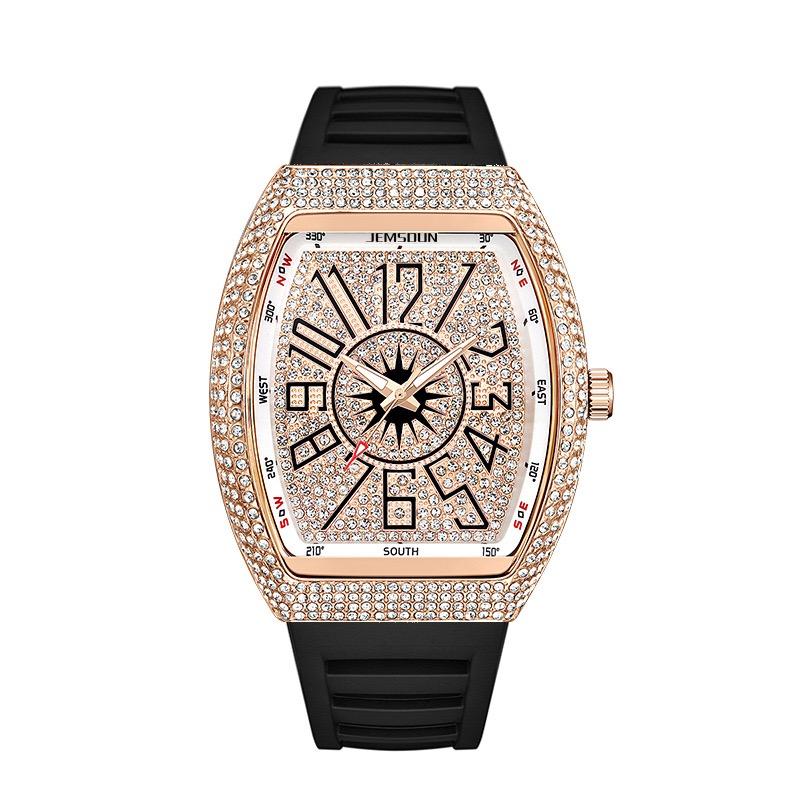 Men's Iced Out Tonneau Watch, Luxury Rhinestone Encrusted Quartz Wristwatch with Silicone Band, Hip Hop Fashion Casual Timepiece for Men