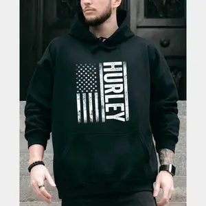 ToolHeaven Black Hoodie with Distressed White American Flag and "HURLEY" Typography