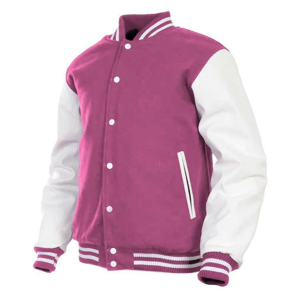 Deckra Brand New Men's Handmade Sporty Chic Wool-Fauxleather Letterman Varsity Baseball Jacket - Long Sleeve, Wool-Polyester Body, Embroidery, Letters, Button Fastening, Customizable, Multiple Pockets, Casual Top Coat (Blush Pink/White), Custom Fit, Lette