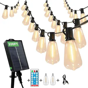 LED Outdoor String Lights 100FT Patio Lights Solar energy 8 adjustable modes with 52 Shatterproof ST38 Vintage Edison Bulbs, Outside Hanging Light Waterproof for Porch, Deck, Garden, Backyard, Balcony, Dimmable