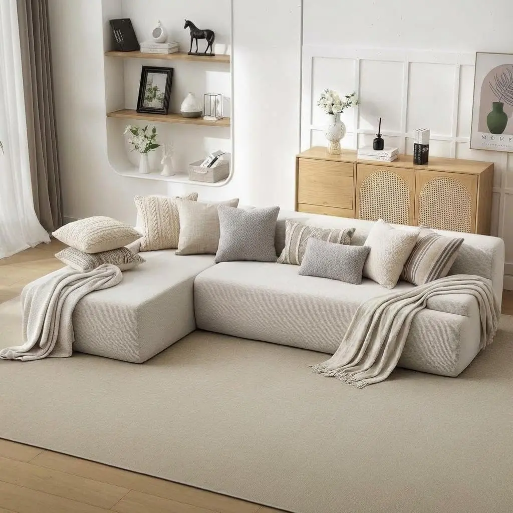 108" L-Shaped Modular Sectional Sofa, Cloud Sectional Couch with Chaise, Modern Comfy Couch, Upholstered Boneless Couch for Living Room & Bedroom, Beige