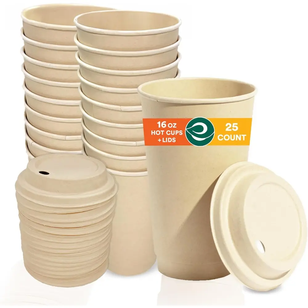 Disposable 16oz Compostable Plant-Based Bagasse Paper Hot Cups with Lids (25 Count), USDA 98% Biobased, Sturdy, Microwave & Oven Safe, Ideal for Parties, Natural Material