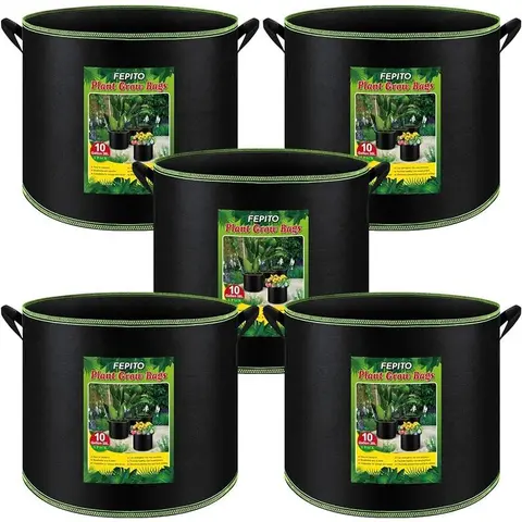 FEPITO 2-Pack/5-Pack Cost-Effective 10-Gal Aeration Fabric Grow Bags, 16x12.5" Fit Outdoor Planters with 16" Wide, 12.5" Tall Planting, Non-Toxic Heavy-Duty Nonwoven Handles for Easy Plant Movement (5-Pack Covers More Beds or Containers)