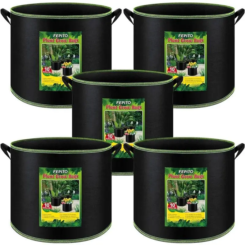 FEPITO 2-Pack/5-Pack Cost-Effective 10-Gal Aeration Fabric Grow Bags, 16x12.5" Fit Outdoor Planters with 16" Wide, 12.5" Tall Planting, Non-Toxic Heavy-Duty Nonwoven Handles for Easy Plant Movement (5-Pack Covers More Beds or Containers)