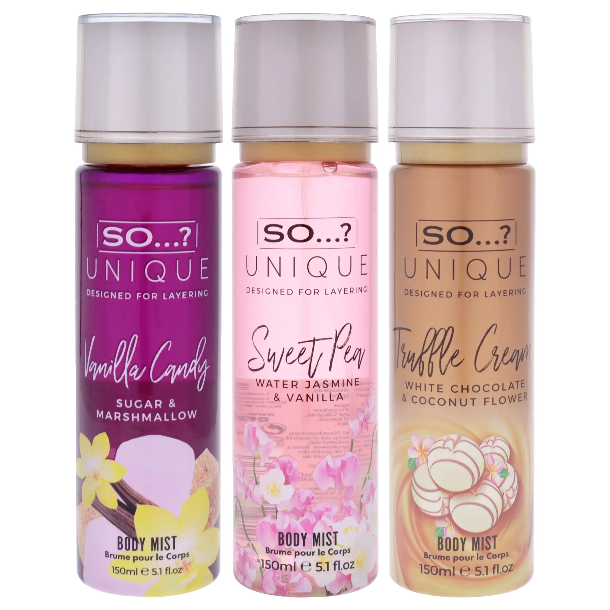 Unique Body Mist Kit by So…? for Women - 3 Pc Kit 5.1oz Body Mist - Truffle Cream, 5.1oz Body Mist - Sweet Pea, 5.1oz Body Mist - Vanilla Candy