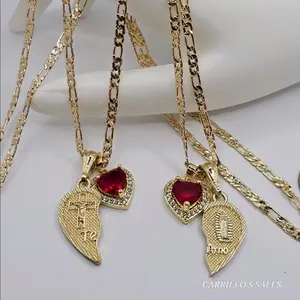 TE AMO couple hearts necklaces virgin & christ with red heart