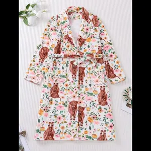 Women’s flannel coral fleece robe with Highland cow print, soft and comfortable long sleeves with a V-neck; winter home wear, casual outdoor clothing for everyday women’s wear
