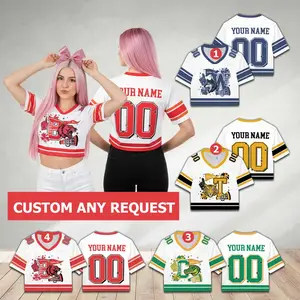 Personalized Name Cheer Crop Top Football Jersey, Custom Cheerleader Football Team Jersey Women Sport Crop Shirt For Football Girl Women Fan
