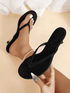 Vintage Solid Color Velour Toe-Post High Heel Sandals, Fine Heel Versatile Outdoor Wear, Low Heel Soft Comfortable Casual Vacation Shoes Women Footwear