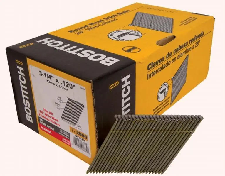 Stanley Bostitch S12D-FH Diamond Tip Fasteners, 2000-Count, 3.25 in. Smooth Shank, 28-Degree Wire Collated Stick Nails, Framing Nailer