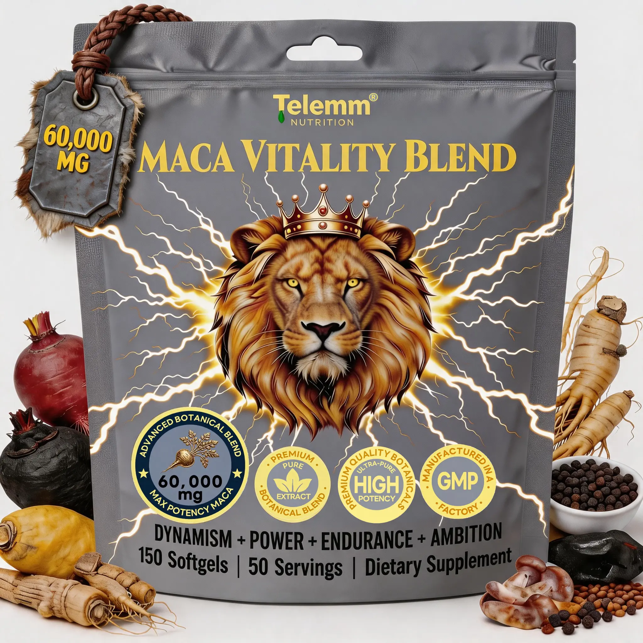 Telemm High Potency Triple Maca Softgels | 8-in-1 Herbal Blend with Shilajit & Ginseng for Focus | 50 Day Supply
