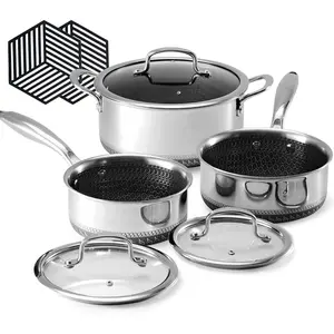 Hybrid Nonstick Pot Set, 1.5 QT Sauce Pan, 2 and 5.2 QT Stock Pot with Glass ,Cookware sets,Stay-Cool Handles,2  Trivets,Dishwasher-Friendly,Compatible  Cooktops.