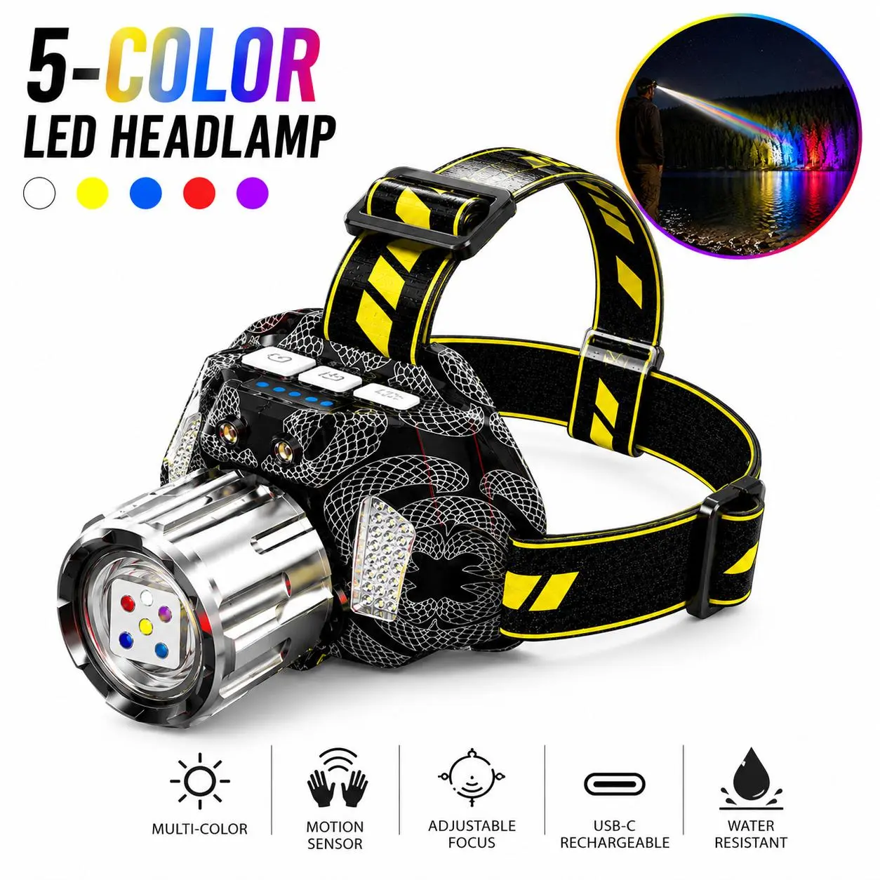 Rechargeable LED Headlamp, 5 Lighting Modes with Motion Sensor, Adjustable Focus Head Light for Camping, Hiking, Fishing, Outdoor Work & Repairs
