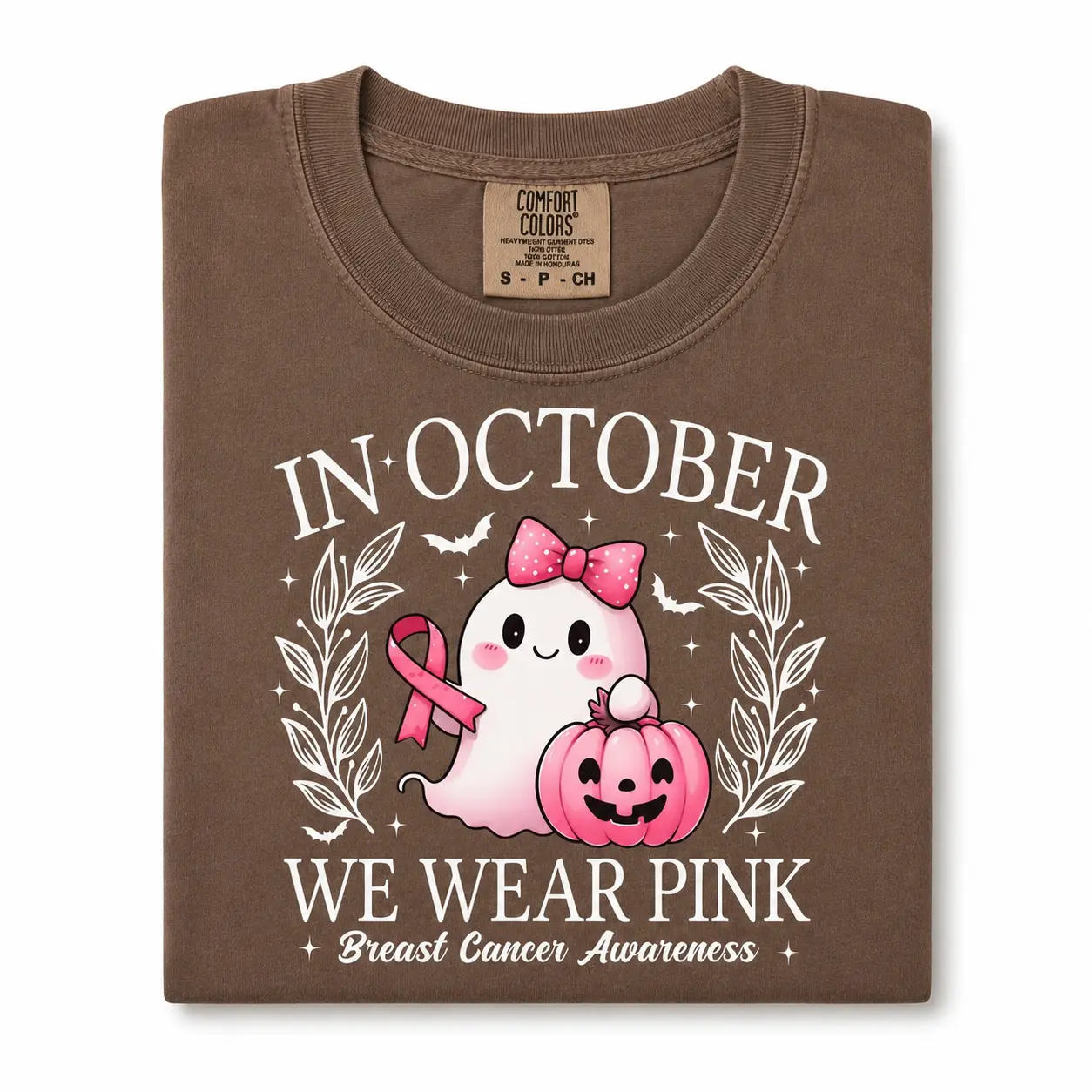 Comfort Colors In October We Wear Pink Ghost tshirt, Breast Cancer Awareness Halloween Shirt, Pink Ribbon Tee, Support Gift for Women, Top Fabric