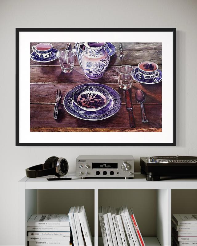The Table Is Set Watercolor Painting - Framed Artwork Featuring a Wooden Table with Blue and White Dishes and Utensils
