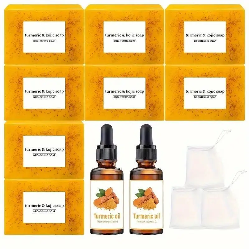 Turmeric Soap Set, 8pcs Turmeric Soap Bar & 3pcs Soap Bag & 2pcs Turmeric Essential Oil, Daily Skincare Acne Cleansing Set, Acne, Acne Clearing Products