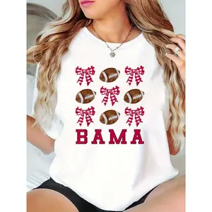 Women's BAMA Alabama Football & Red Plaid Bow Graphic T-Shirt, Game Day Casual Crew Neck Tee for Fans 100% Cotton T-shirt
