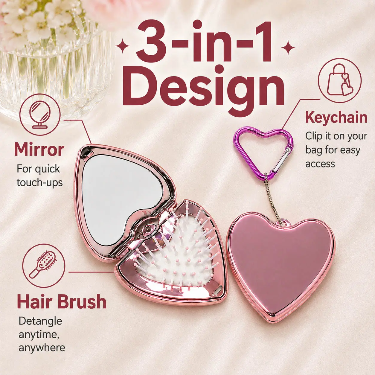 Kawaii Heart Shape Collapseable 3-Way Styling Hair Brush, 3-in-1 Daily Travel Accessory with Compact Makeup Mirror and Carabiner Keychain for Girls