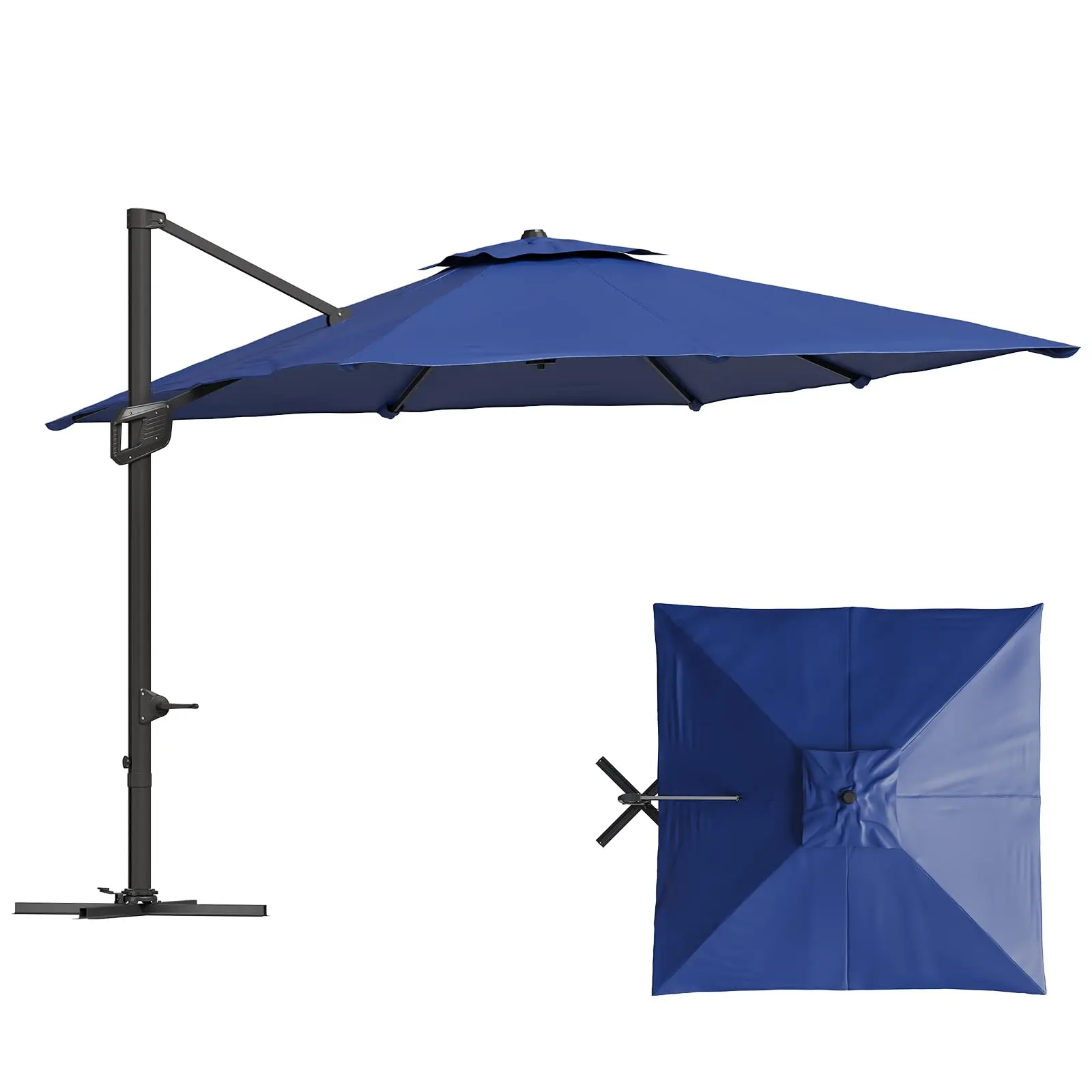 10x10 FT Offset Patio Umbrella with Base Included, 360° Rotation Large Square Cantilever Umbrella, Outdoor Sun Shade with Easy Tilt for Pool, Backyard, Deck, Garden, Navy Blue