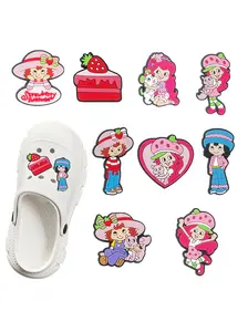 9pcs Cute Strawberry Girl Series Shoe Accessories, Detachable DIY Parts, Perfect Party Gift, Adorable Cartoon Design,