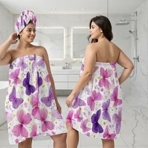 Women's Wearable Bathing Bathrobe Dress Dry Hair Cap Towel Set, Slim Fit Non-Tight Design, Button Adjustable Wrap, Cloud Soft Fabric, Travel Spa Use