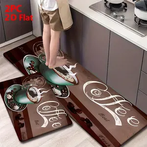 2/3 Piece Flannel Kitchen Mat Set, Vintage Coffee Cup Design, Non-Slip, Absorbent, Ideal for Kitchen, Dining Room, Hallway, Coffee Kitchen Rug