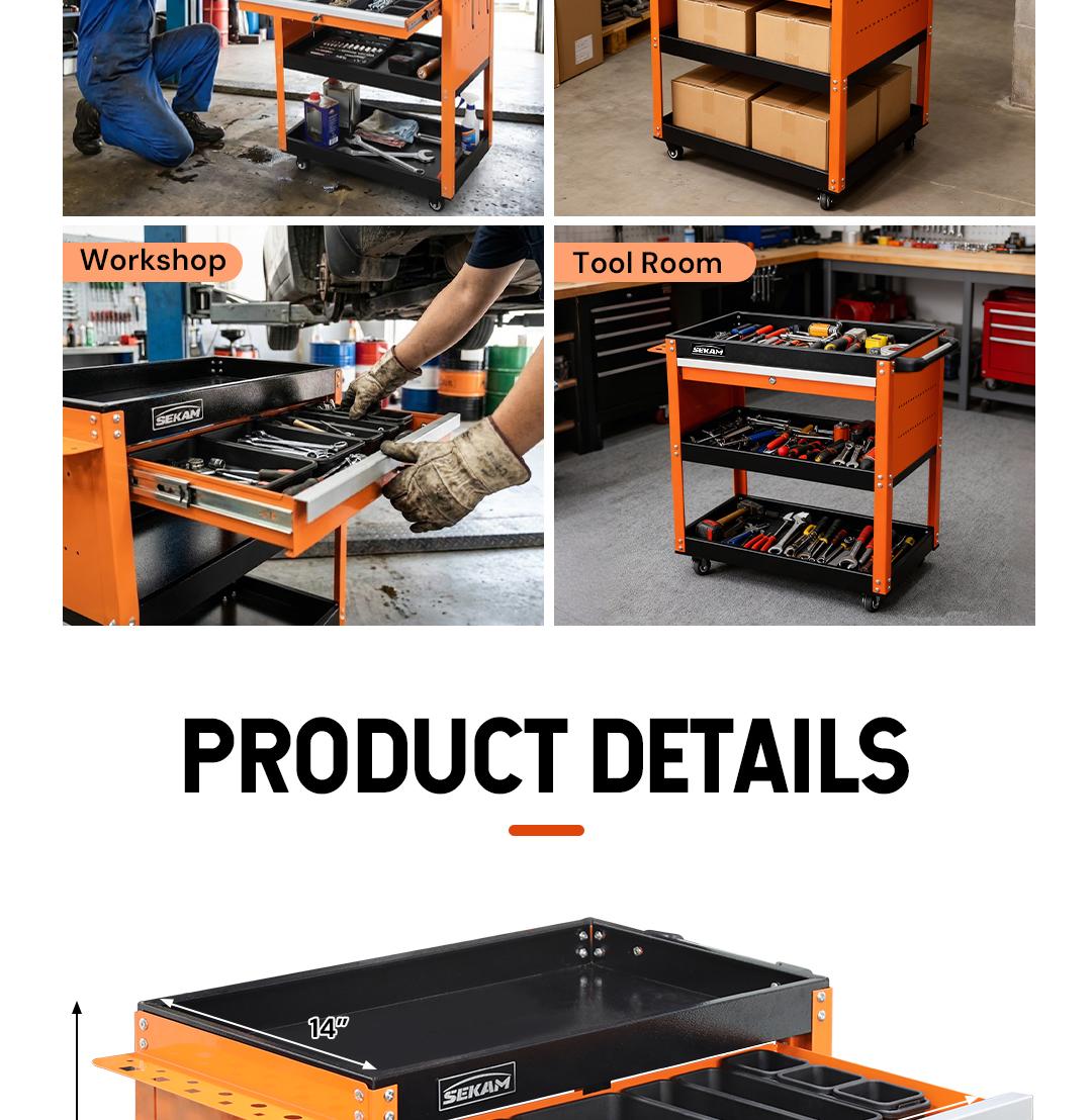 Sekam 330 LBS Capacity 3 Tier Rolling ToolCart -Heavy Duty Utility Organizer withWheels,Storage Drawer, and Industrial-Grade Design