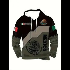 Men's Casual Hooded Sweatshirt, Vintage Mexican Eagle Print, Geometric Pattern, All Seasons Wear