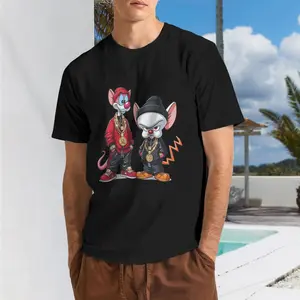 Men's jumping cartoon animal print shirt, casual round neck short sleeve top, polyester knit fabric, slightly stretchy, regular cut, suitable for summer street running and daily wear, plus size