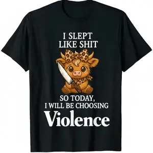 Cute Highland Cow "I Slept Like Shit So Today I Choose Violence" T-Shirt,Leopard Bow Highland Cow Meme Graphic Tee,Soft Cotton Sarcastic Humor Shirt,Unique Funny Cow Gift for Cow Lovers,Trendy Unisex Casual Tops