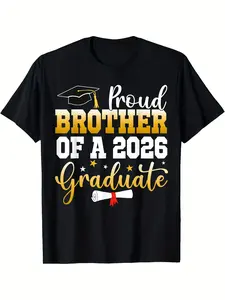 Proud Brother of a 2026 Graduate T-Shirt - Bold Yellow 'BROTHER' & Diploma Print, Graduation Cap Design Suitable for Siblings Celebrating Graduation Gift, Machine Washable Casual Round Neck Tee