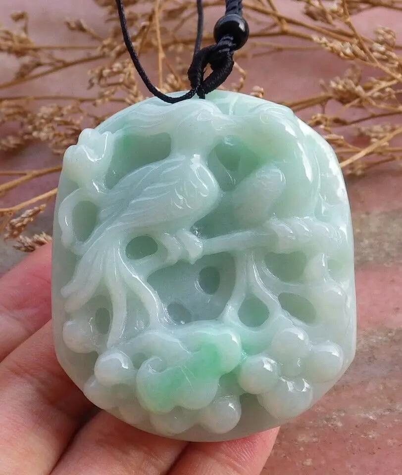Certified Green Natural Myanmar Burma A Jade Jadeite Phoenix Mandarin Duck Phoenix Ruyi Peach Blossom Flower Pendant Necklace