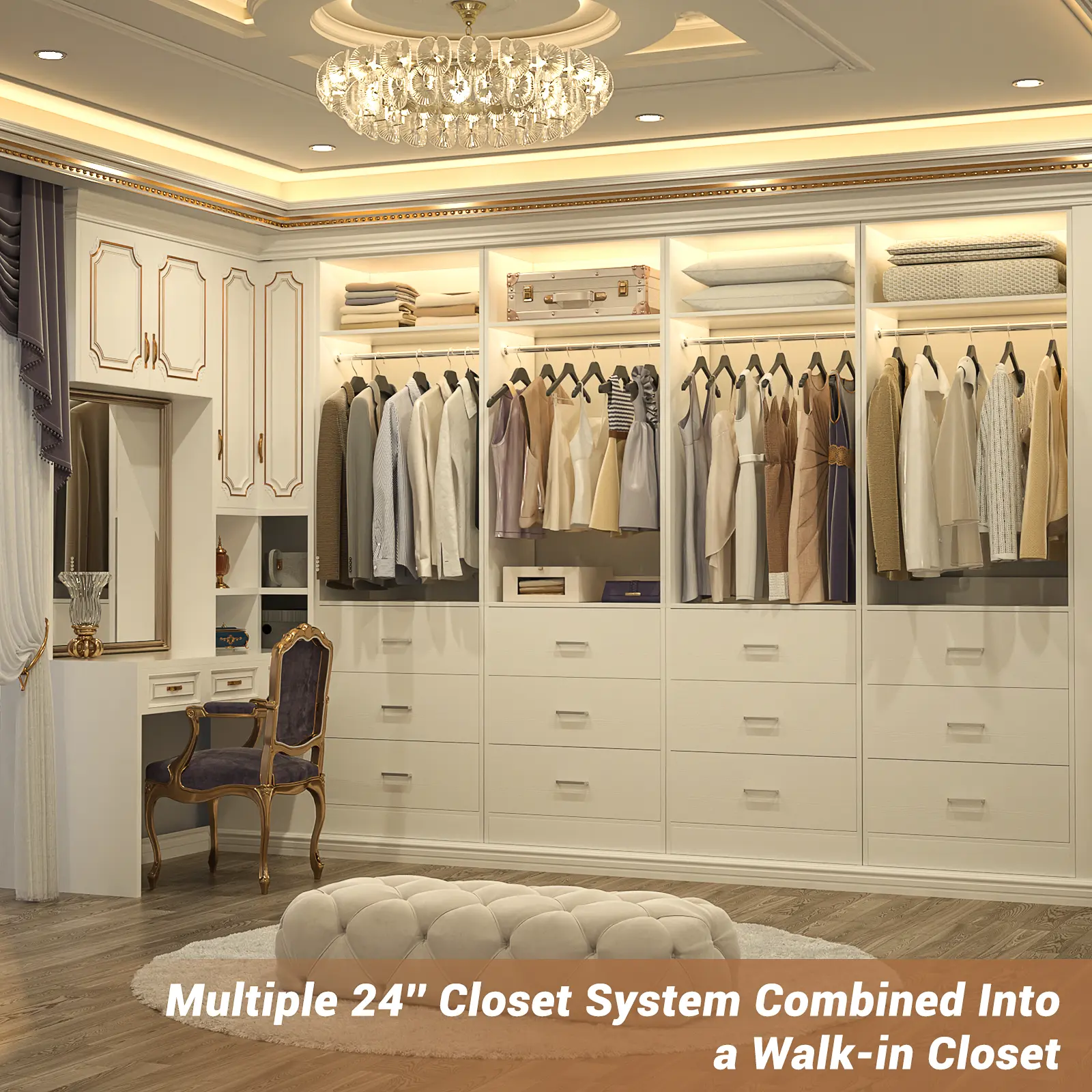 Freestanding 2FT Closet System with 3 Wood Drawers, 24" Closet Organizer System with Hanging Rod & Shelves, Walk-in Closet Systems for Small Closets, White