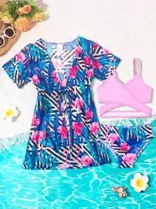 Youthful Girl Tropical Flamingo Pattern Bikini Swimwear Set, Cartoon Style Swimsuit, Summer Beach Wear, Fashionable Comfort Design Swimming Costume, Bright Swimwear