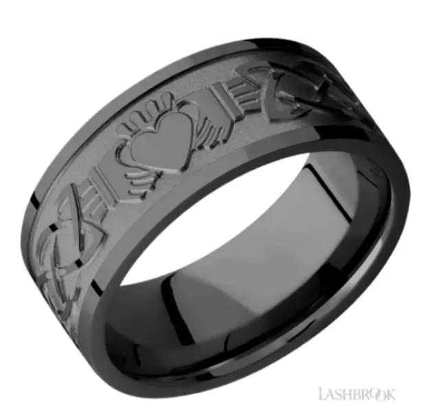 Lashbrook Black Zirconium Claddagh Celtic Wedding Band, Size 10